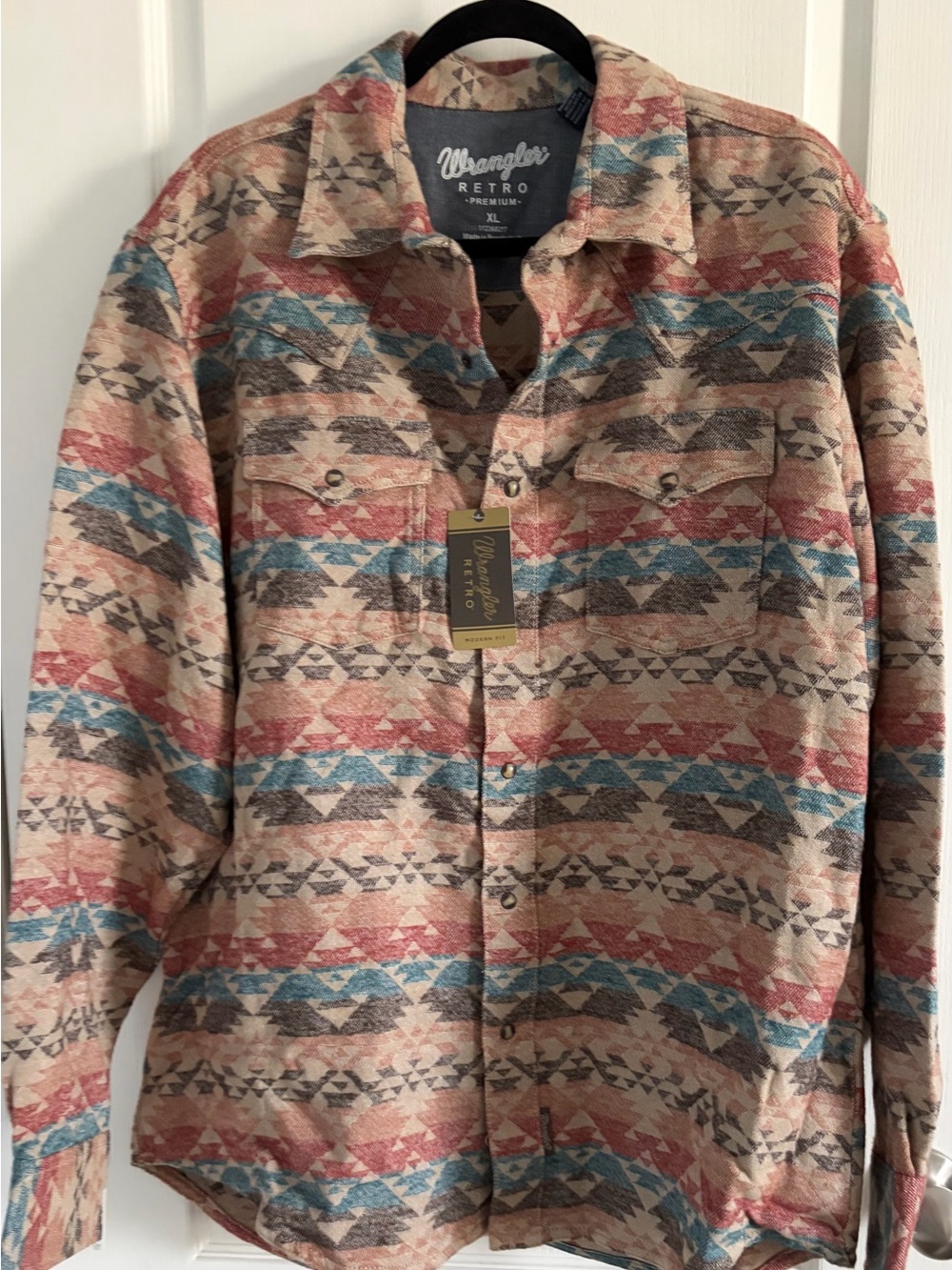 Wrangler Retro Aztec Button-Down Shirt in Beige, Red & Teal